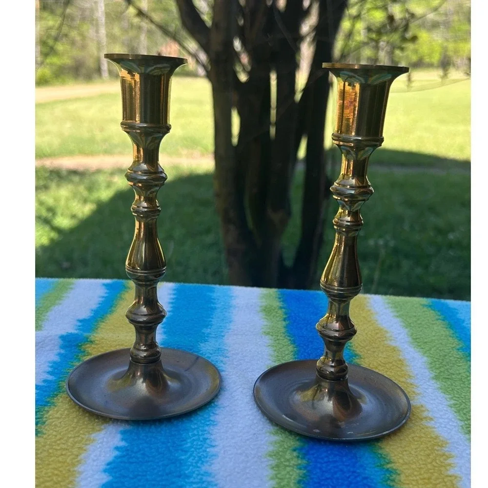Candlesticks Home‎ 7in Gold Brass Spindle Vintage